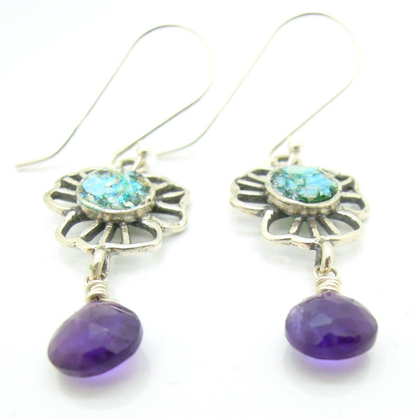Earrings - Amethyst Earrings Flower Shaped With Authentic Roman Glass