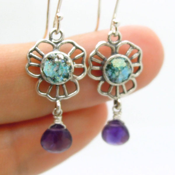 Earrings - Amethyst Earrings Flower Shaped With Authentic Roman Glass