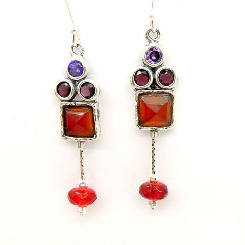 Earrings - Carnelian, Garnet And Zircon Chandelier Silver Earrings