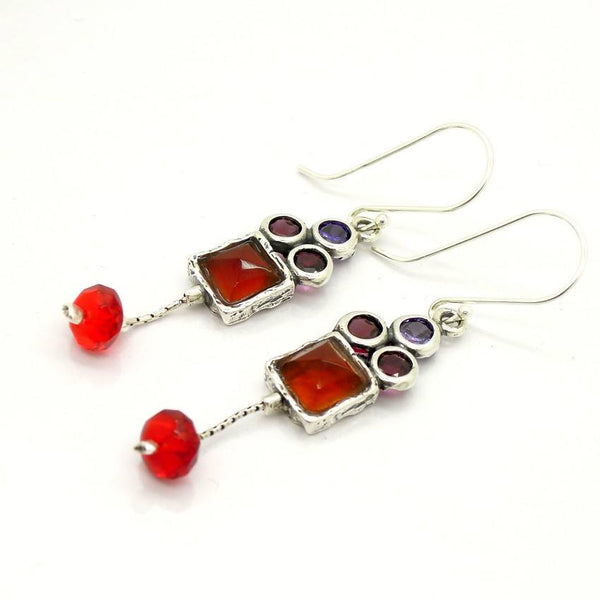 Earrings - Carnelian, Garnet And Zircon Chandelier Silver Earrings