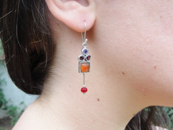 Earrings - Carnelian, Garnet And Zircon Chandelier Silver Earrings