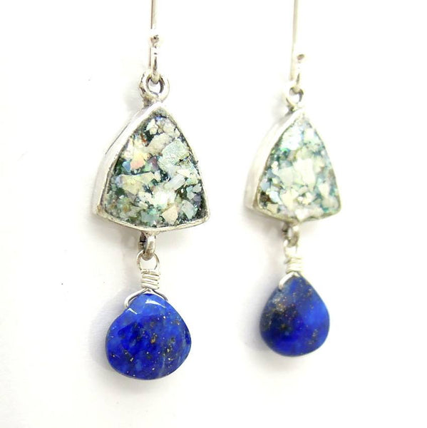 Earrings - Chandelier Roman Glass Earrings With Hanging Lapis Lazuli