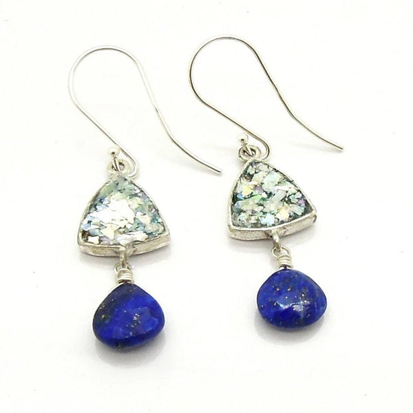 Earrings - Chandelier Roman Glass Earrings With Hanging Lapis Lazuli