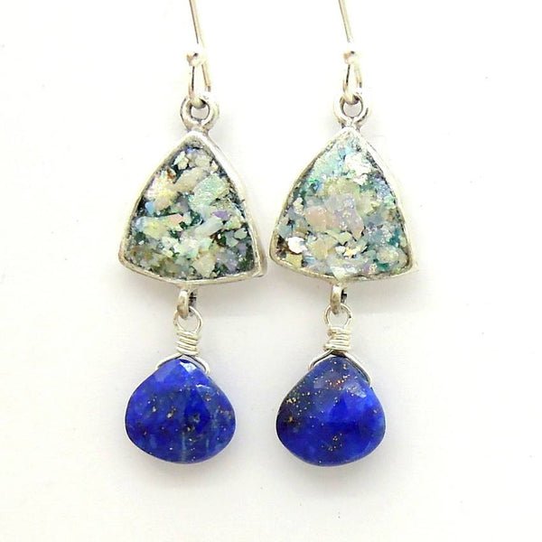 Earrings - Chandelier Roman Glass Earrings With Hanging Lapis Lazuli