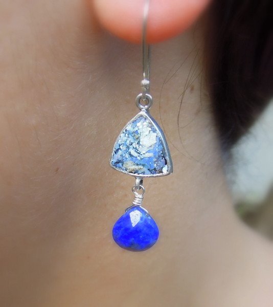 Earrings - Chandelier Roman Glass Earrings With Hanging Lapis Lazuli
