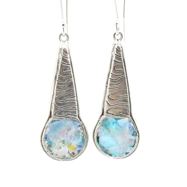 Earrings - Chandelier Silver Earrings With A Scroll Pattern And Roman Glass