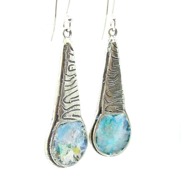Earrings - Chandelier Silver Earrings With A Scroll Pattern And Roman Glass