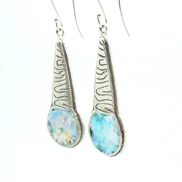 Earrings - Chandelier Silver Earrings With A Scroll Pattern And Roman Glass