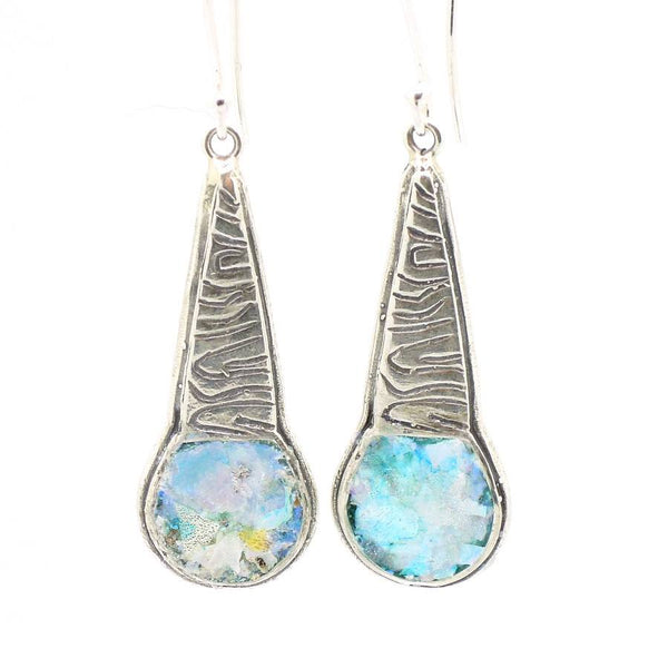 Earrings - Chandelier Silver Earrings With A Scroll Pattern And Roman Glass