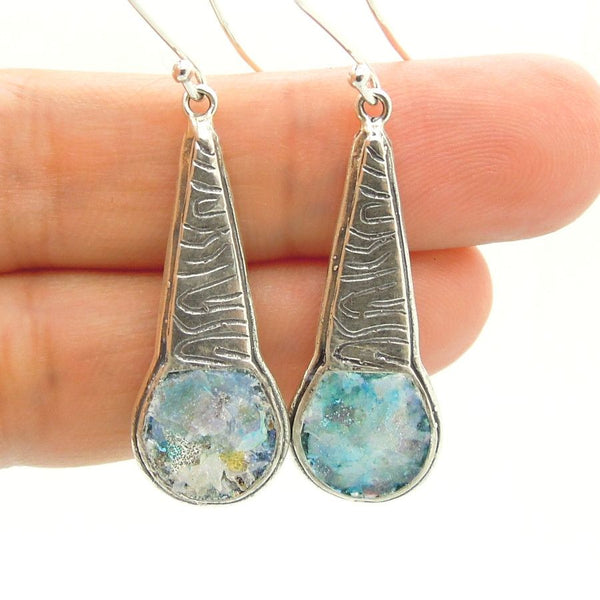 Earrings - Chandelier Silver Earrings With A Scroll Pattern And Roman Glass