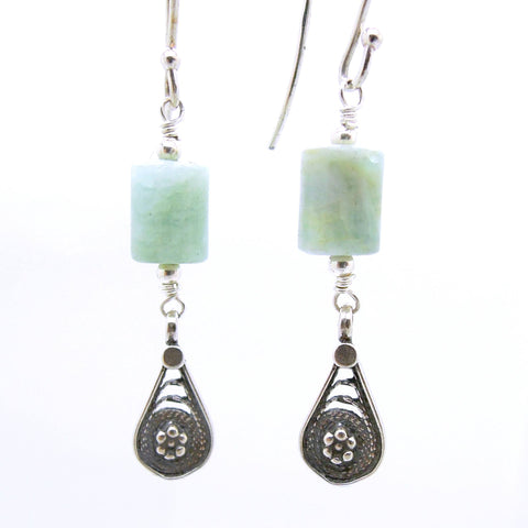 Earrings - Dangle Aquamarine Earrings With Flower Shapes In Silver