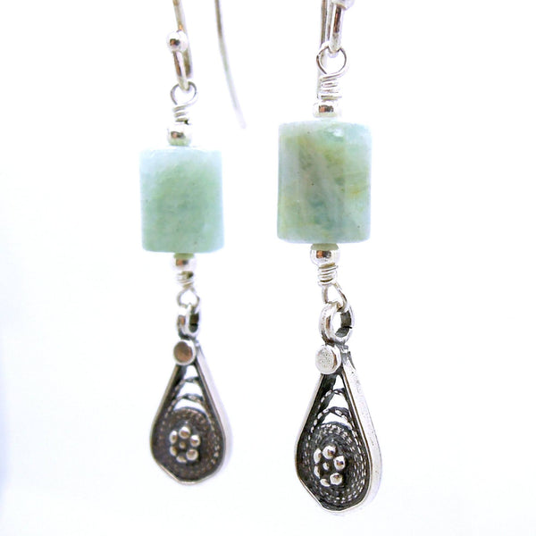 Earrings - Dangle Aquamarine Earrings With Flower Shapes In Silver