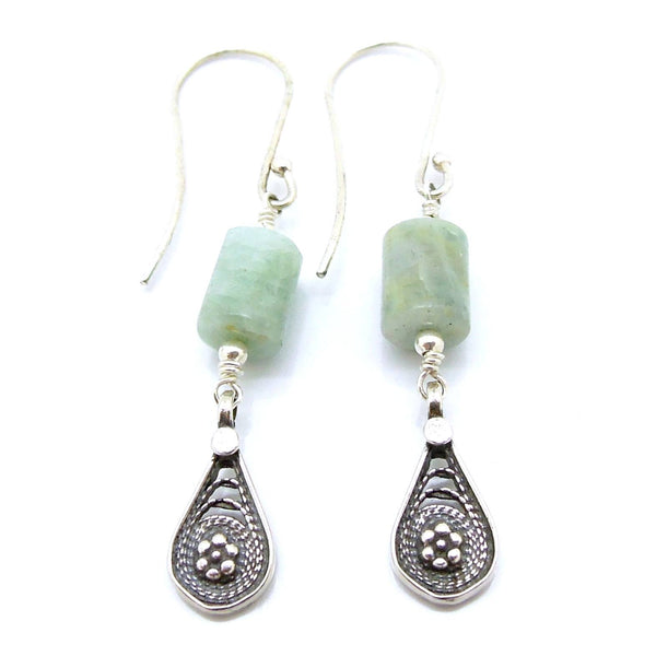 Earrings - Dangle Aquamarine Earrings With Flower Shapes In Silver