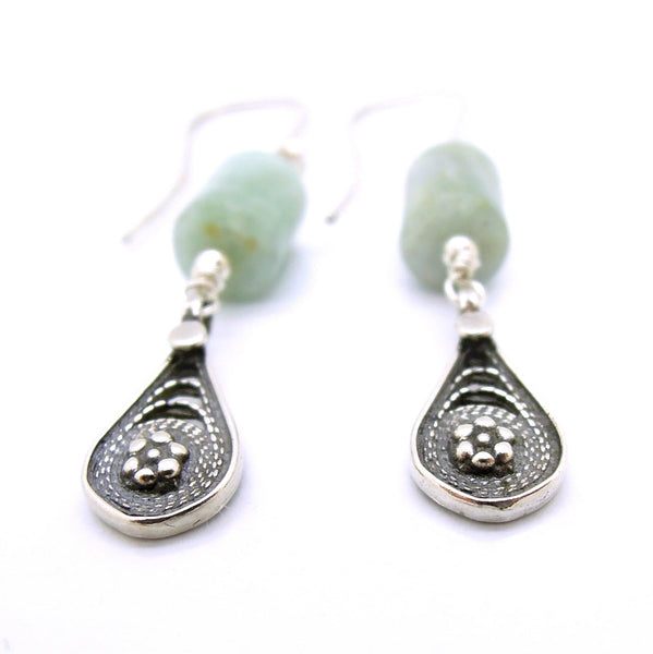 Earrings - Dangle Aquamarine Earrings With Flower Shapes In Silver