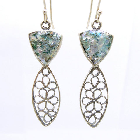 Earrings - Dangle Earrings With Flower Shapes In Silver & Roman Glass