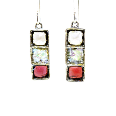 Earrings - Dangle Earrings With Smokey Quartz, Roman Glass & Garnet Set In Silver