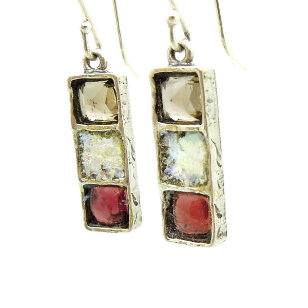 Earrings - Dangle Earrings With Smokey Quartz, Roman Glass & Garnet Set In Silver