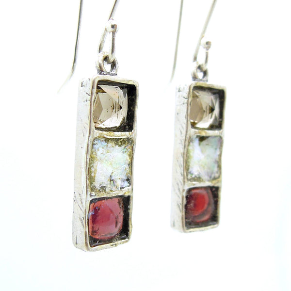 Earrings - Dangle Earrings With Smokey Quartz, Roman Glass & Garnet Set In Silver