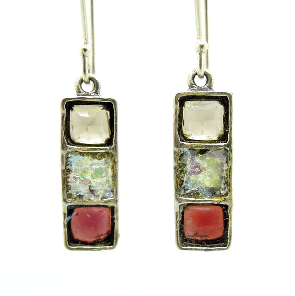 Earrings - Dangle Earrings With Smokey Quartz, Roman Glass & Garnet Set In Silver