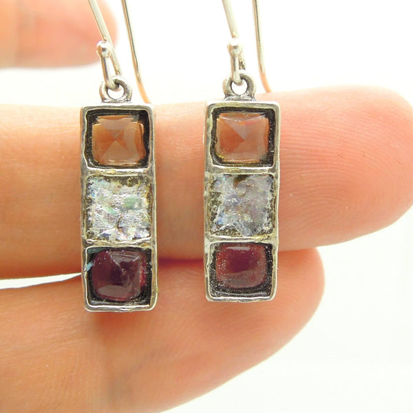 Earrings - Dangle Earrings With Smokey Quartz, Roman Glass & Garnet Set In Silver