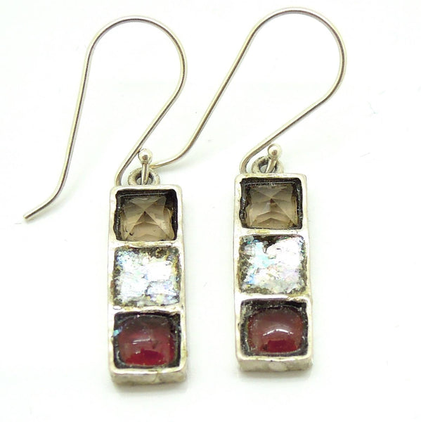 Earrings - Dangle Earrings With Smokey Quartz, Roman Glass & Garnet Set In Silver