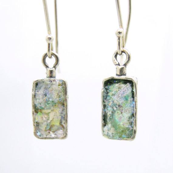 Earrings - Dangle Silver Earrings With Roman Glass