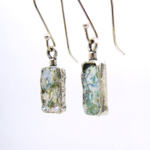 Earrings - Dangle Silver Earrings With Roman Glass