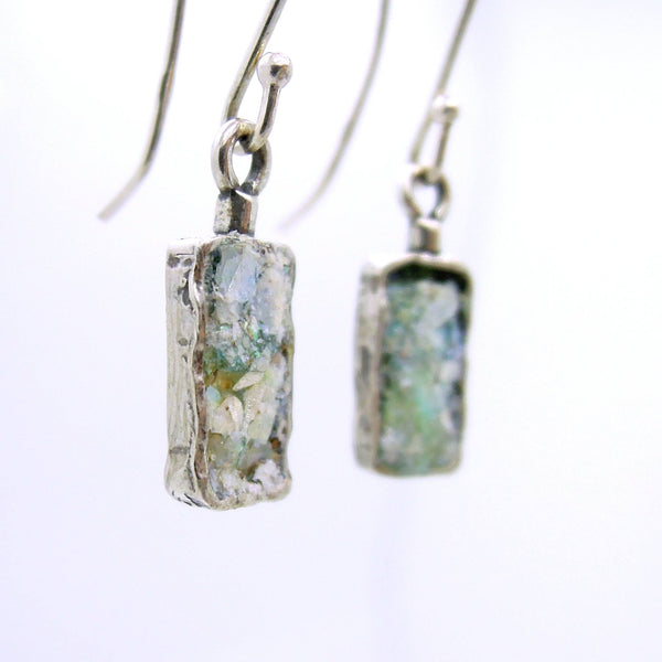 Earrings - Dangle Silver Earrings With Roman Glass