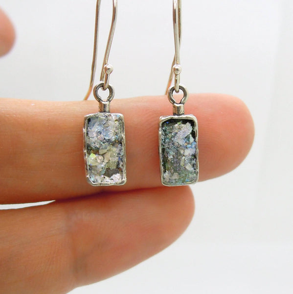 Earrings - Dangle Silver Earrings With Roman Glass