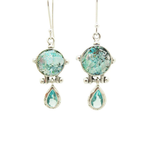 Earrings - Drop Earrings With Blue Zircon & Roman Glass