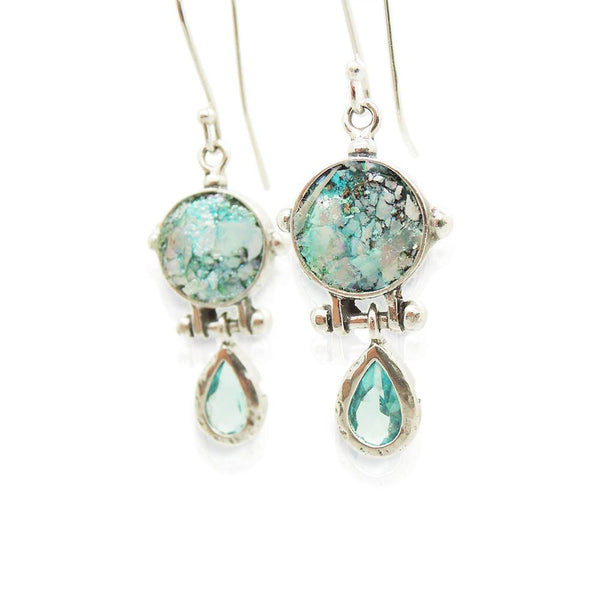 Earrings - Drop Earrings With Blue Zircon & Roman Glass