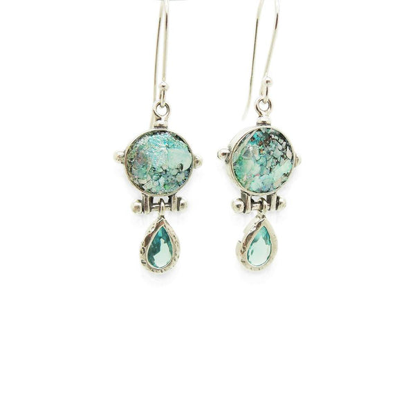 Earrings - Drop Earrings With Blue Zircon & Roman Glass