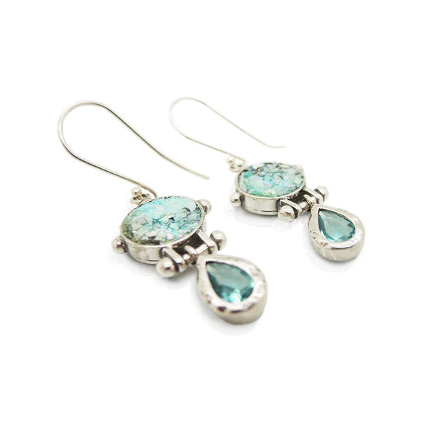 Earrings - Drop Earrings With Blue Zircon & Roman Glass