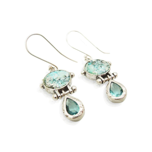 Earrings - Drop Earrings With Blue Zircon & Roman Glass