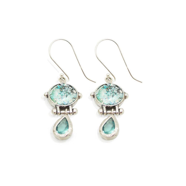 Earrings - Drop Earrings With Blue Zircon & Roman Glass