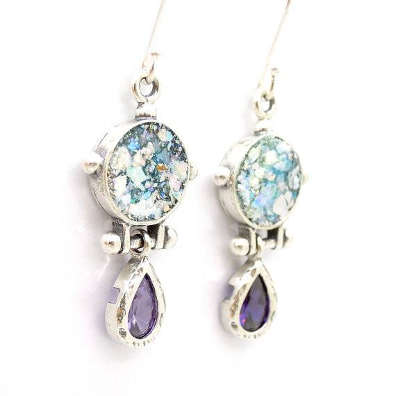 Earrings - Drop Earrings With Blue Zircon & Roman Glass
