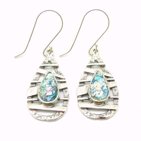 Earrings - Drop Shape Earrings With Silver Bars And Roman Glass