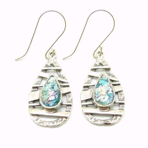 Earrings - Drop Shape Earrings With Silver Bars And Roman Glass