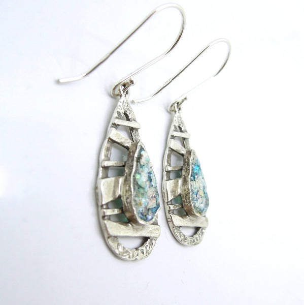 Earrings - Drop Shape Earrings With Silver Bars And Roman Glass