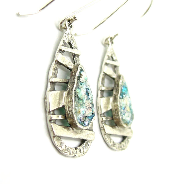 Earrings - Drop Shape Earrings With Silver Bars And Roman Glass
