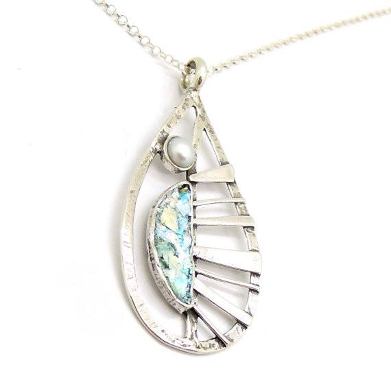 Earrings - Drop Shape Earrings With Silver Bars And Roman Glass