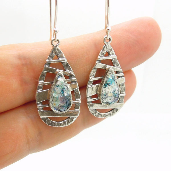 Earrings - Drop Shape Earrings With Silver Bars And Roman Glass