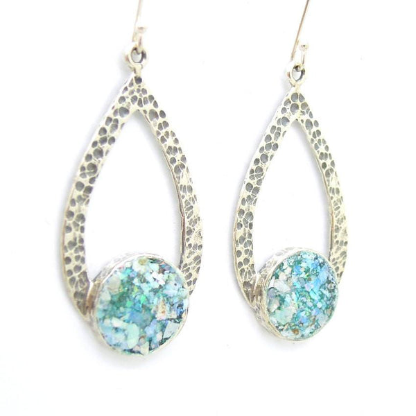 Earrings - Drop Shape Sterling Silver Earrings With Roman Glass