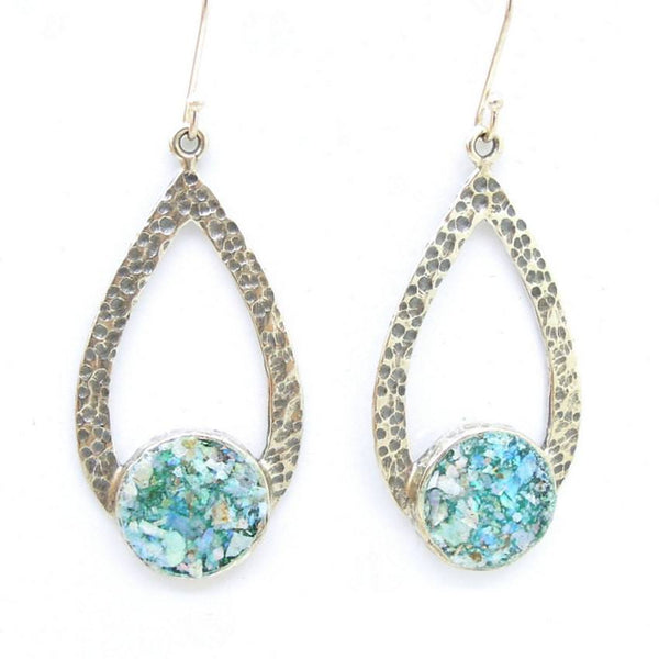 Earrings - Drop Shape Sterling Silver Earrings With Roman Glass