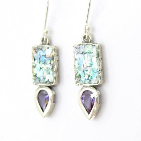Earrings - Drop Shaped Purple Zircon And Roman Glass Earrings