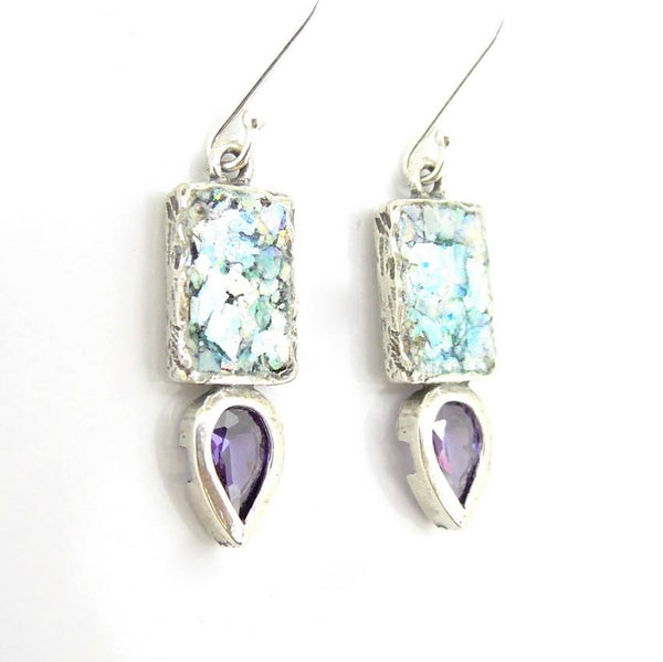 Earrings - Drop Shaped Purple Zircon And Roman Glass Earrings