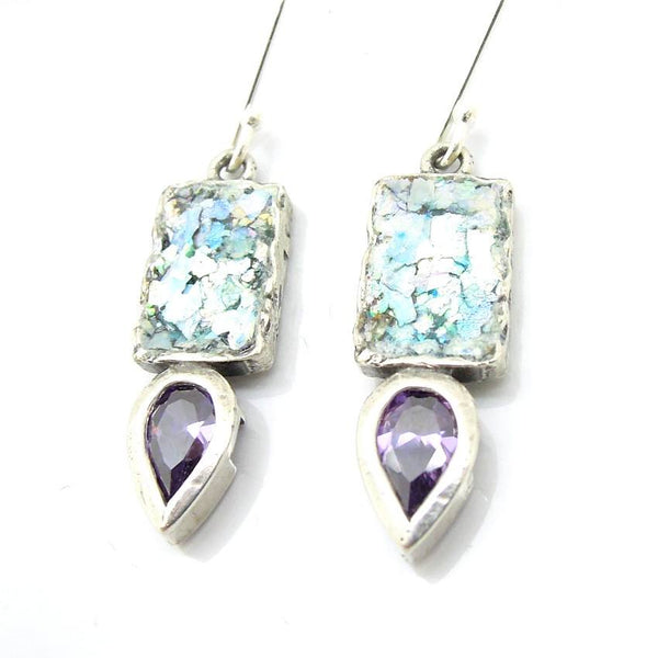 Earrings - Drop Shaped Purple Zircon And Roman Glass Earrings