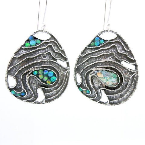 Earrings - Drop Shaped Silver Earrings With Mosaic Opal & Roman Glass Landscape Pattern