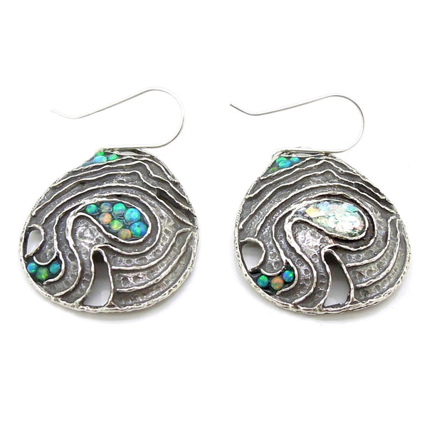 Earrings - Drop Shaped Silver Earrings With Mosaic Opal & Roman Glass Landscape Pattern