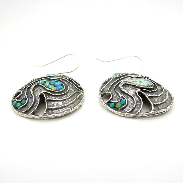 Earrings - Drop Shaped Silver Earrings With Mosaic Opal & Roman Glass Landscape Pattern
